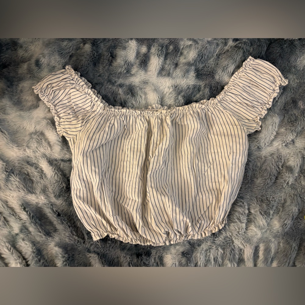 Garage White and Blue Striped Off-Shoulder Top